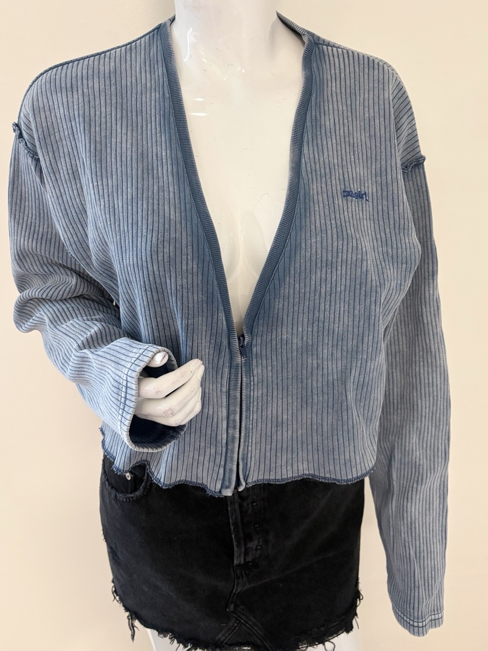 X-girl Wide Ribbed Grungey Cardigan Light Blue Cropped Zip-up Front Kim Gordon